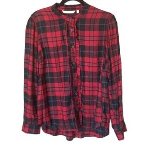 Soft Surroundings Triana Plaid Button Front Red & Black Flannel Top L